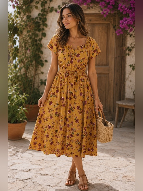 Patrons of Peace Dresses & Skirts - Patrons of Peace Mustard Floral Midi Dress Size S Cottagecore Boho Festival